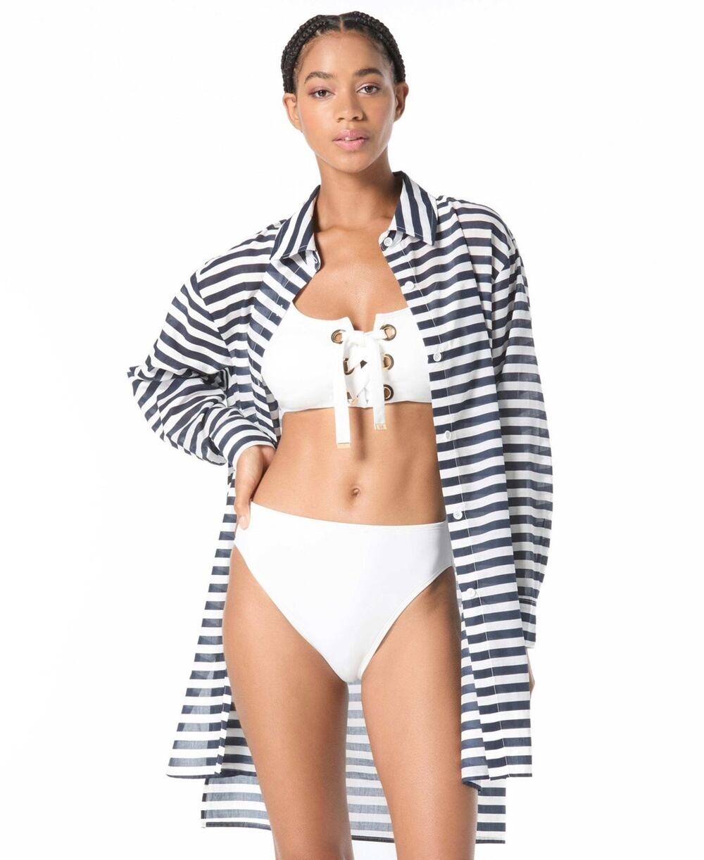 MICHAEL Michael Kors Women's Striped Cover-Up Swim Shirt Navy Size L 1295